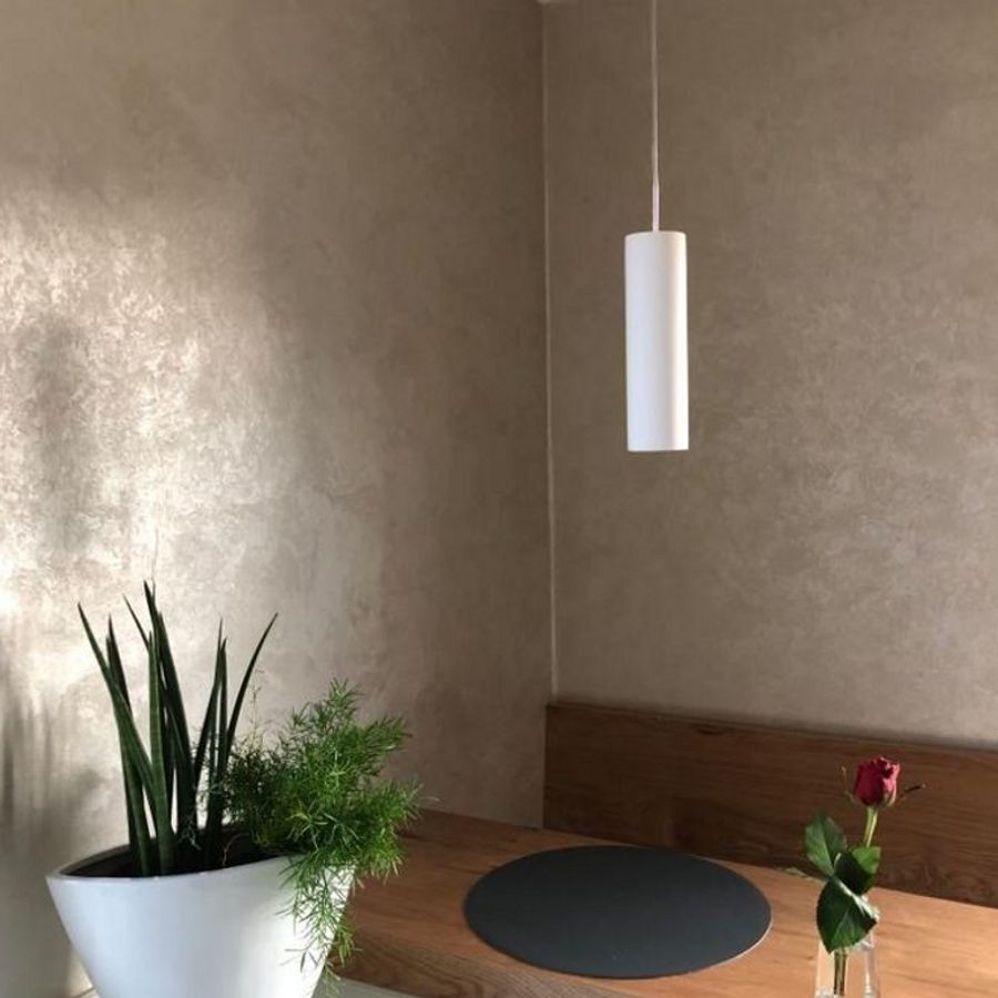 Kalkoptik-Ecke mit Pflanze und Pendelleuchte
