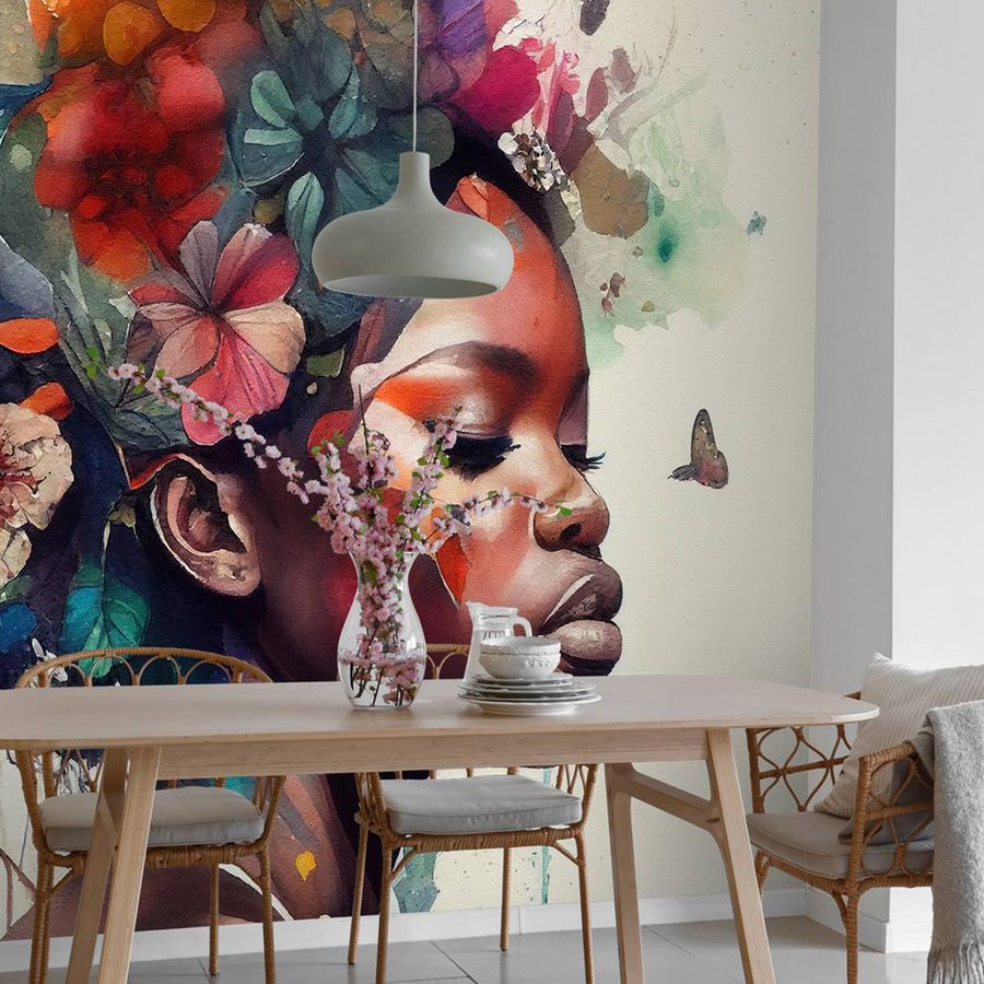 Florale Wandbild-Tapete am Esstisch